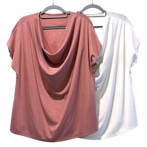 EVALESS Cowl Neck Draped Blouse Bundle Top‎ Dusty Rose & White Women's 2XL